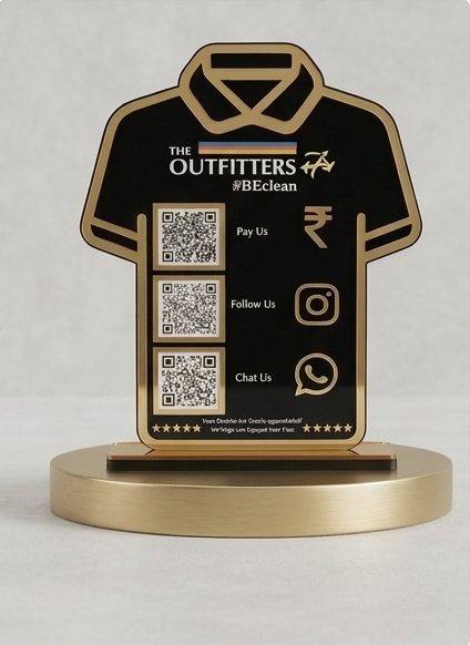 Premium Custom Acrylic T-Shirt Shape QR Code Table Stand – Gold & Black