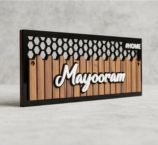 Custom Acrylic & Wood Texture Name Plate for Home Entrance – Modern Geometric Honeycomb Design