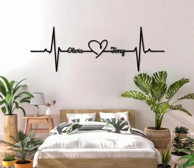 Personalized Heartbeat & Couple Names Laser-Cut Metal Wall Decor