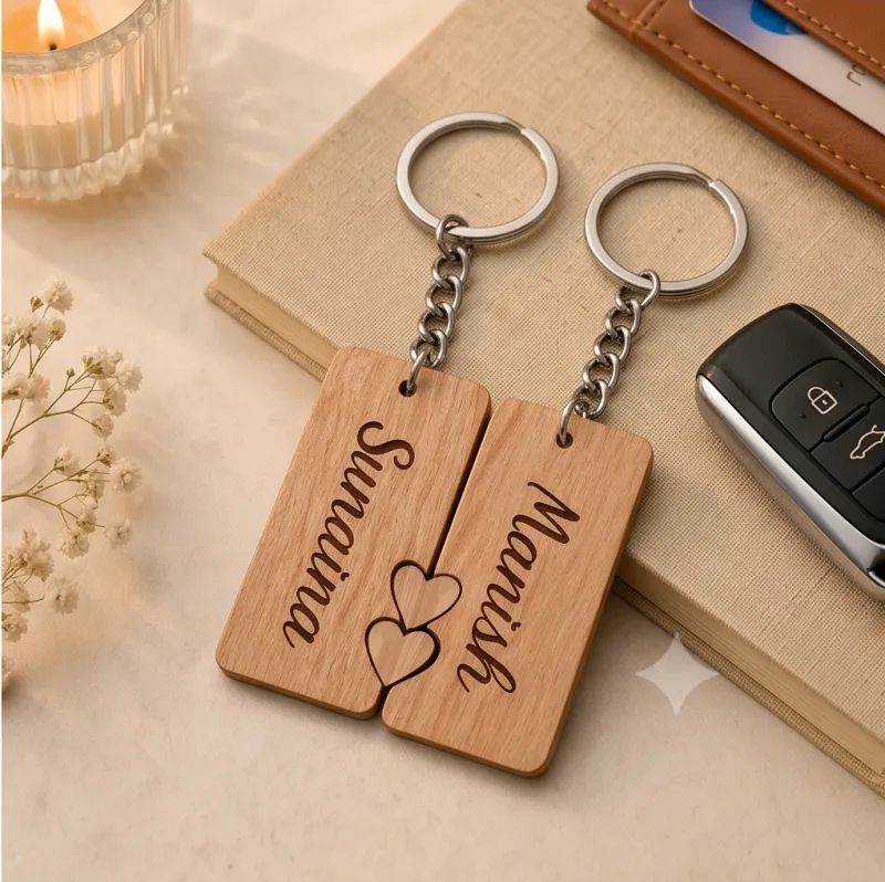 Custom Engraved Interlocking Heart Wooden Keychain Set for Couples