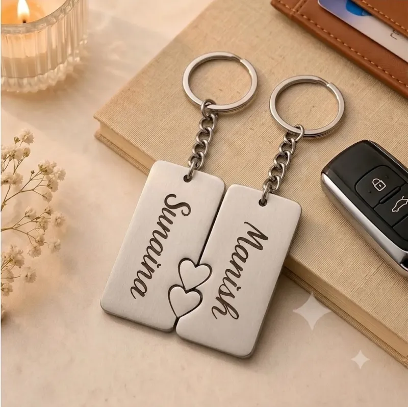 Personalized Interlocking Heart Couples Keychain Set - Custom Engraved Stainless Steel
